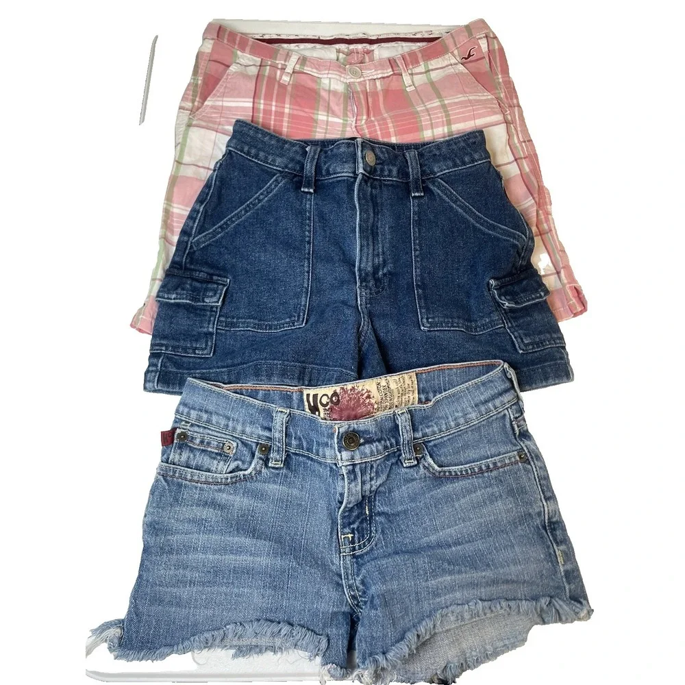 Hollister Women's Jean Shorts‎ 0 1 Lot of 3 Denim Blue Pink Plaid Mom High Rise
